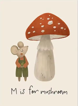 Whimsical Mushroom Nursery Print – “M is for Mushroom” Mouse Wall Art