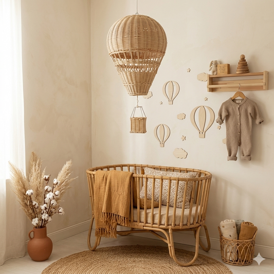 Whimsical Rattan Hot Air Balloon Decor | Boho Hanging Nursery Mobile