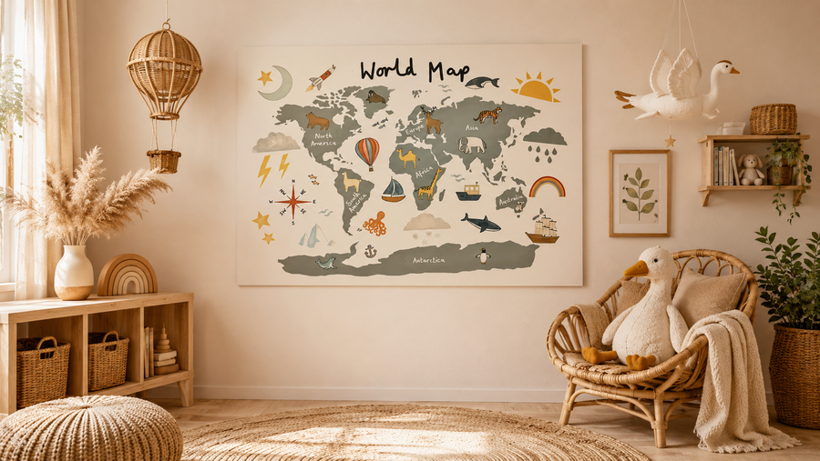 Boho World Map Wall Hanging – Neutral Nursery & Kids' Room Tapestry