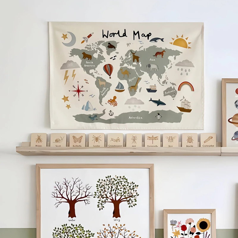Boho World Map Wall Hanging – Neutral Nursery & Kids' Room Tapestry